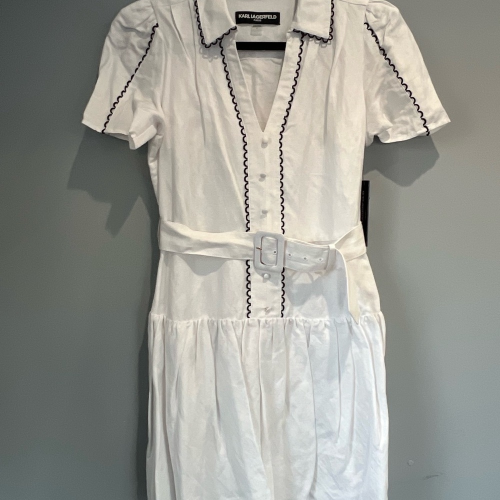 Karl Lagerfeld White Cotton Dress with Black Trim